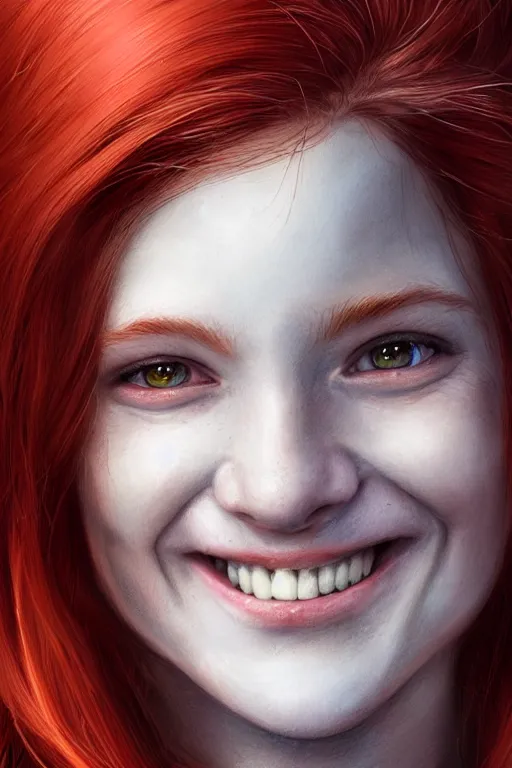 Image similar to ultra realistic style illustration of a cute red haired old teen smiling, 1 9 year old, headshot, sci - fi, fantasy, intricate, elegant, digital painting, artstation, concept art, smooth, sharp focus, illustration, 8 k frostbite 3 engine, ultra detailed, art by artgerm and greg rutkowski and magali villeneuve