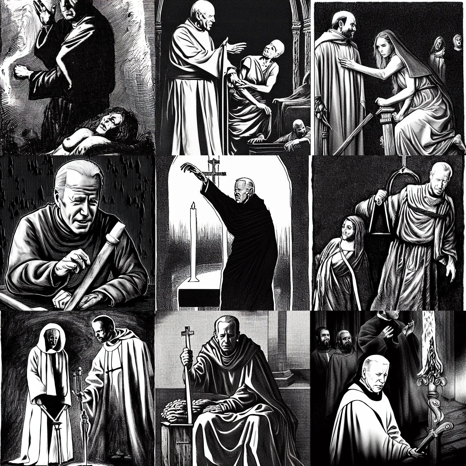 Prompt: pen and ink portrait of a joe biden as a catholic priest about to sacrifice a bound woman on an occult altar, horror, impressive scene. grainy and rough. black and white colour scheme. beautiful artistic detailed digital art