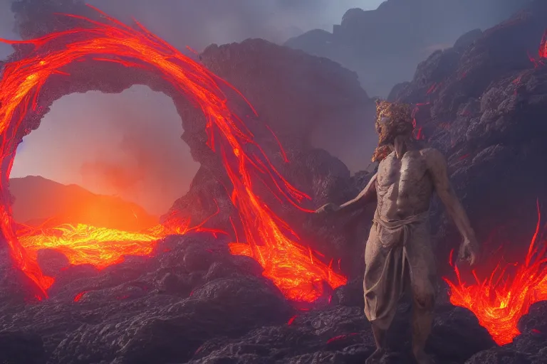 Prompt: a fire and lava god, in a volcano landscape, natural lighting, a small circle of flowers around him, very detailed, 8 k, by pre - raphelites, artstation