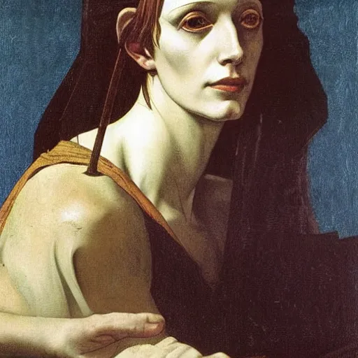 Image similar to half - length portrait of beautiful witch circe in the odyssey, art by petrus christus, caravaggio, leonardo da vinci