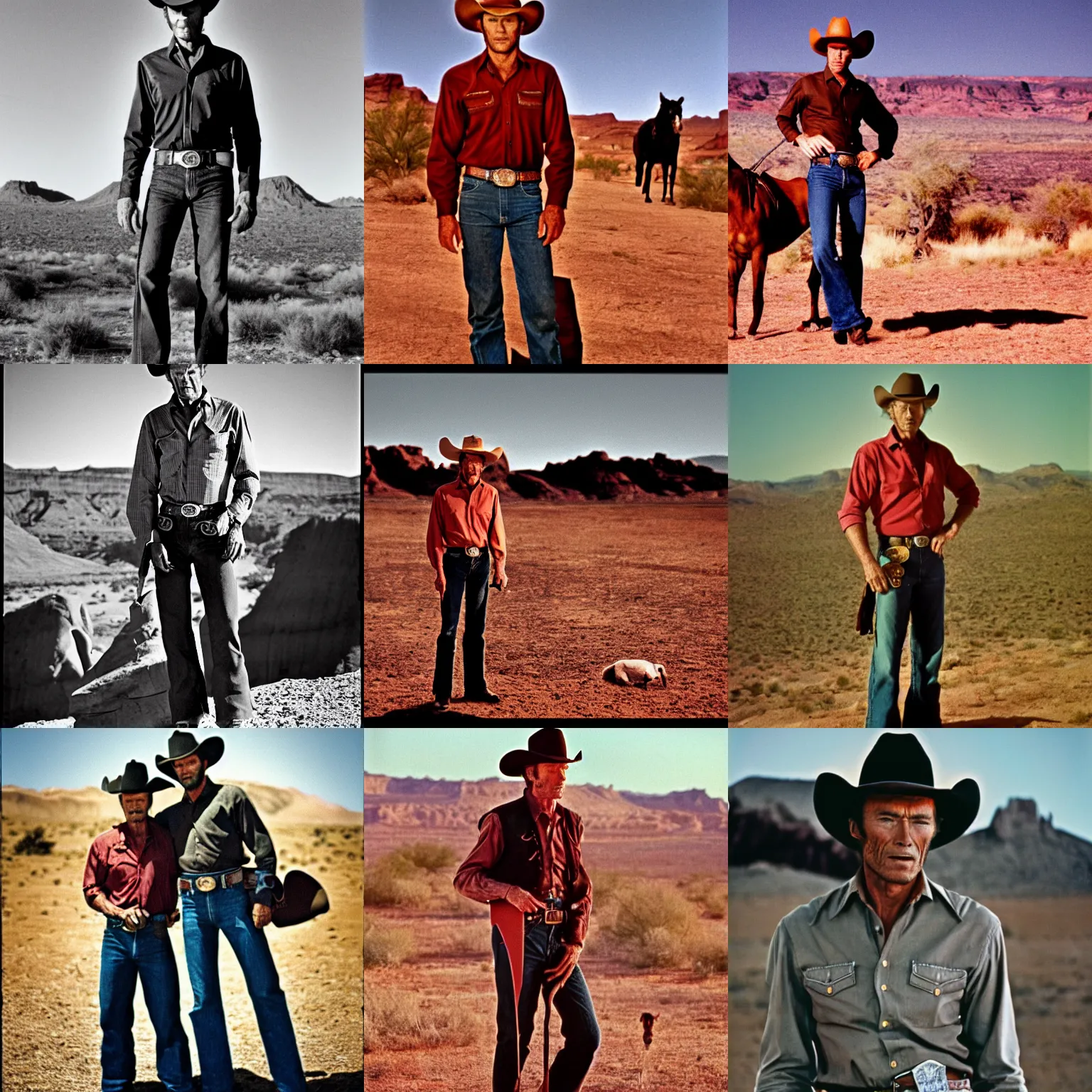 Prompt: still in color from 1 9 6 9 of clint eastwood as a cowboy, standing with hands on colts. desert in the background. cinematic, 5 0 mm lens, red filter