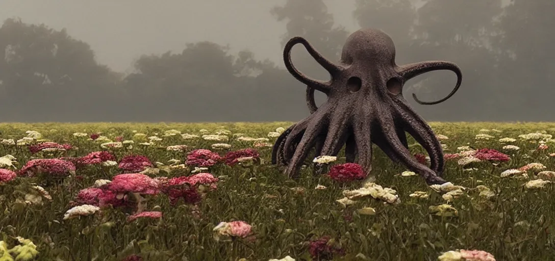 Prompt: an octopus in the shape of a skull in a field of flowers, foggy, cinematic shot, photo still from movie by denis villeneuve, wayne barlowe