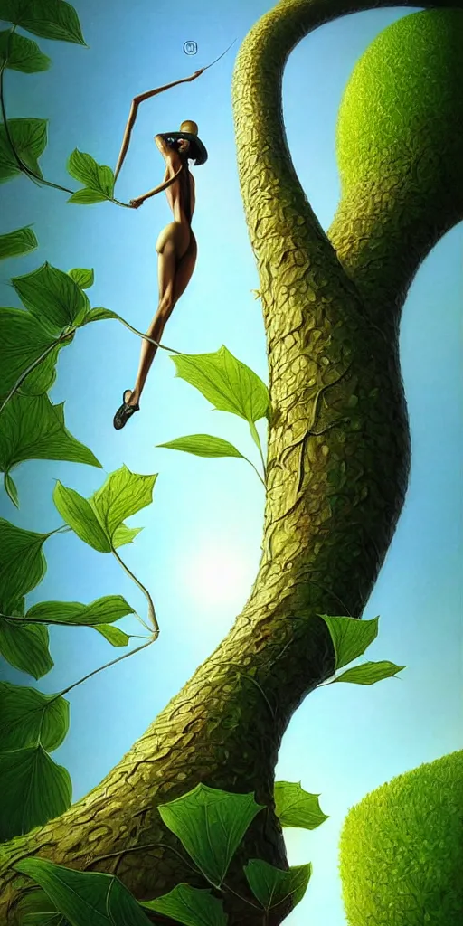 Image similar to a thin tree with an extremely long trunk, spherical foliage, low angle, ant perspective, fantasy digital painting by artgerm and leyendecker, surreal, photorealistic