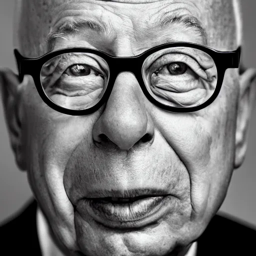 Image similar to uhd candid photo of klaus schwab owning nothing and being very sad, with accurate face, uhd, studio lighting, photorealistic, correct face, photo by annie leibovitz