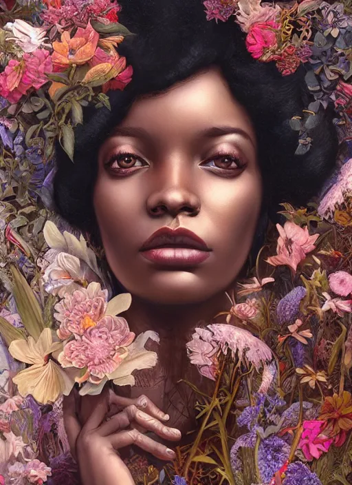 Image similar to portrait of the african queen of the underworld, surrounded by flowers by karol bak, james jean, tom bagshaw, rococo, sharp focus, trending on artstation, cinematic lighting, hyper realism, octane render, 8 k, hyper detailed.