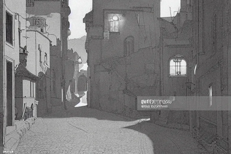 Image similar to winding street at midnight in a very old very beautiful city by George Price Boyce and Nicholas Roerich and Maxfield Parrish, glowing paper lanterns, strong dramatic cinematic lighting , ornate tiled architecture, lost civilizations, smooth, sharp focus, extremely detailed