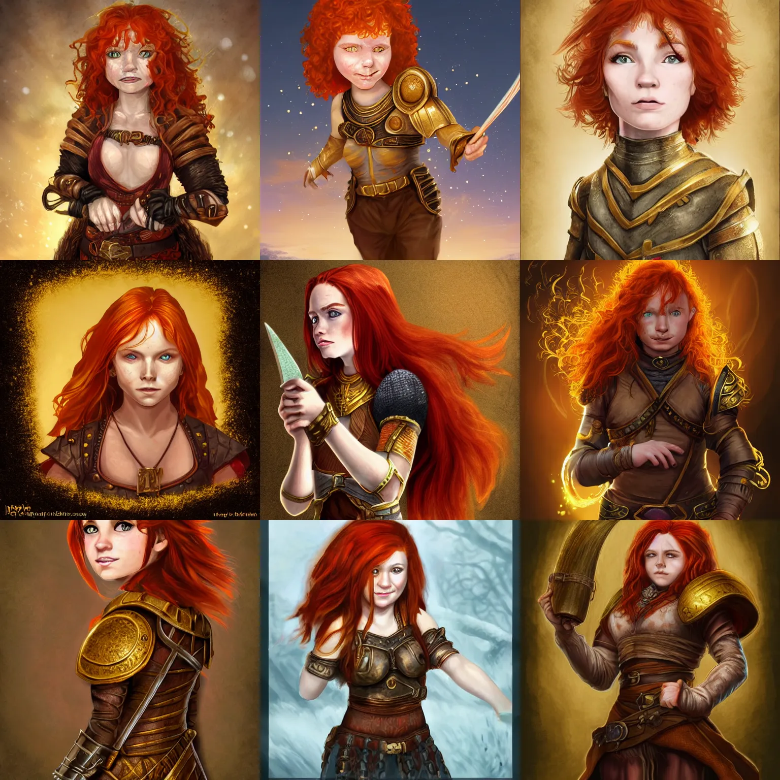 Prompt: redheaded halfling young woman with freckles like brass scales, wavy shoulder-length hair, gold eyes, headshot, dungeons and dragons, digital art, in the style of magic the gathering