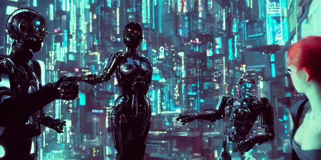 Image similar to Cyberpunk android chrome Robot fight movie escene, shot on imax, cinematic scene, CineStill 800T Film,