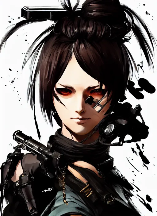 Prompt: Half body portrait of young woman with short hair and pirate attire. In style of Yoji Shinkawa and Hyung-tae Kim, trending on ArtStation, dark fantasy, great composition, concept art, highly detailed, dynamic pose.