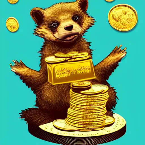 Image similar to a honey badger sitting on a large pile of gold coins, animated, sticker art, sticker, white border, digital art, trending on artstation, 4 k