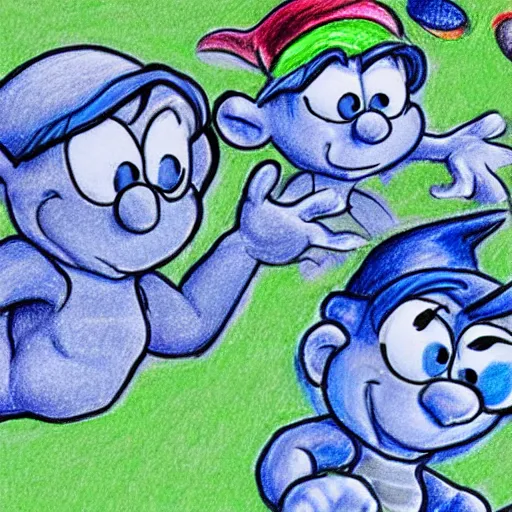 Prompt: a detailed drawing in lapis of smurfs connected to axul and green 0