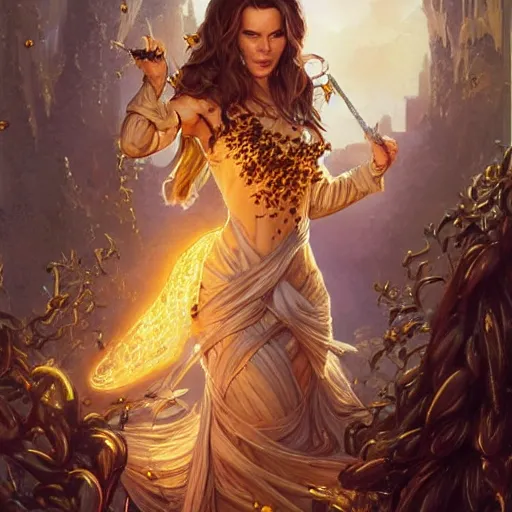 Image similar to Kate Beckinsale covered in honey eating fork, D&D, fantasy, intricate, elegant, highly detailed, digital painting, artstation, concept art, matte, sharp focus, illustration, hearthstone, art by Artgerm and Greg Rutkowski and Alphonse Mucha