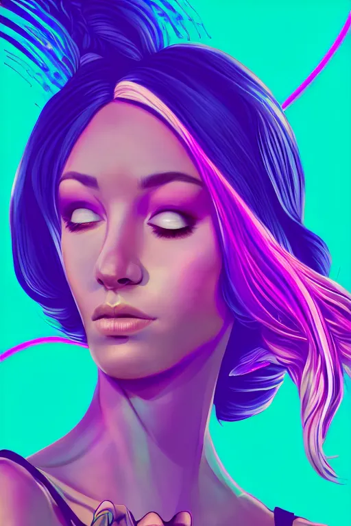 Image similar to a award winning half body portrait of a beautiful woman in a croptop and cargo pants with ombre purple pink teal hairstyle surrounded by whirling illuminated lines, outrun, vaporware, shaded flat illustration, digital art, trending on artstation, highly detailed, fine detail, intricate