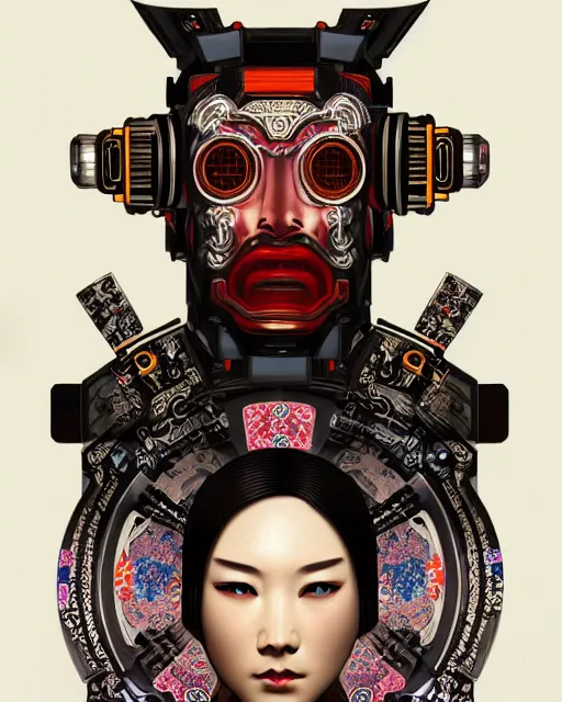 Image similar to portrait of a cyberpunk machine, machine face, upper half portrait, decorated with chinese opera motifs, asian, fine china, traditional chinese art, intricate, elegant, highly detailed, symmetry, headpiece, digital painting, artstation, concept art, smooth, sharp focus, illustration, art by artgerm and greg rutkowski and alphonse mucha, 8 k