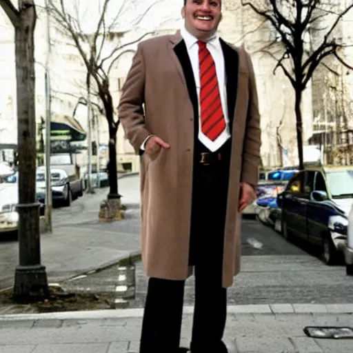Prompt: full length shot : : clean - shaven smiling white chubby italian american man in his 4 0 s wearing a long brown overcoat and necktie and black shoes shoes shoes holding a burger burger burger, 2 0 0 6 advertising promo shot