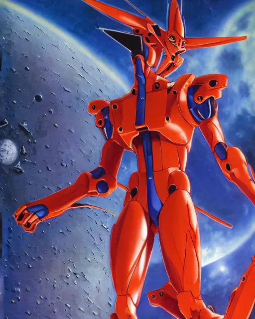 Image similar to evangelion by noriyoshi ohrai, hd, hyper detailed, dark, sky, blue plug suit, moon, dark atmosphere, 4 k