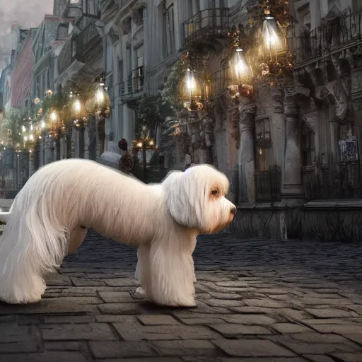 Image similar to little havanese dogs pulling a giant elegant carriage, trending on artstation, dramatic lighting, octane render, weta digital, micro details, 3 d sculpture, structure, ray trace, insane details, intricate, elite, ornate,