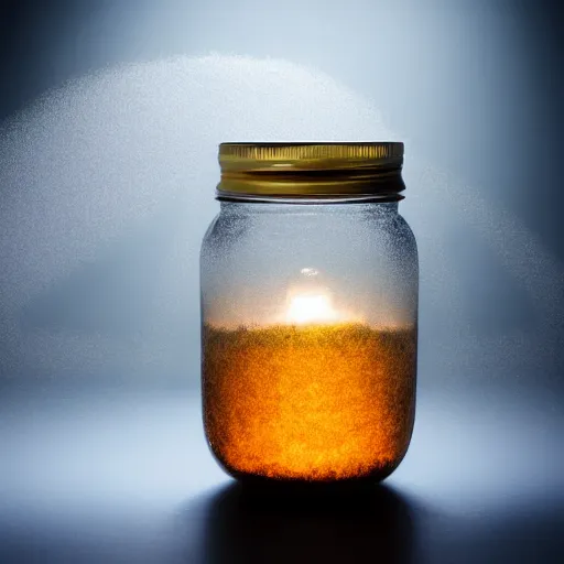 Prompt: A photo of a light storm inside a jar, studio photo, highly detailed,studio lighting