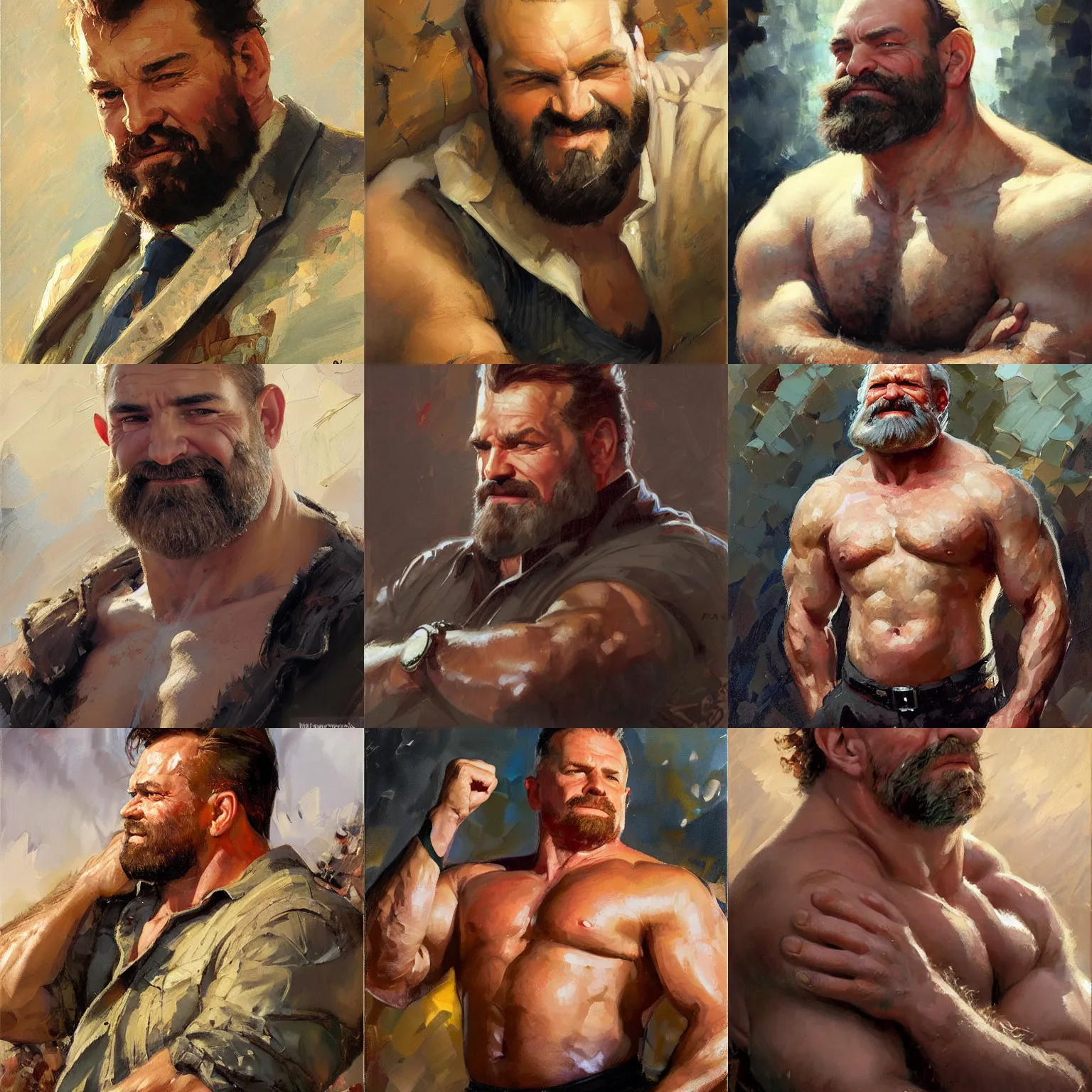 Prompt: a brawny strongman with a warm and kindly expression, confident and curious, relaxing after a hard day, character portrait by Michael Garmash, Karol Bak, Greg Rutkowski, Gaston Bussiere