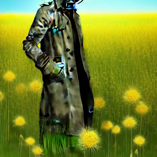 Prompt: photorealistic detailed image of a man in a rugged, worn trench coat wearing a gas mask happily frolicking among a field of dandelions and various vibrant plants and flowers, inspired by the Stalker video game series