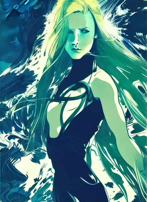 Image similar to style of yoji shinkawa, joshua middleton, beautiful kristen bell with green dress, very long blue hair, water powers water swirling, symmetrical face, symmetrical eyes, detailed, beach setting, cinematic lighting