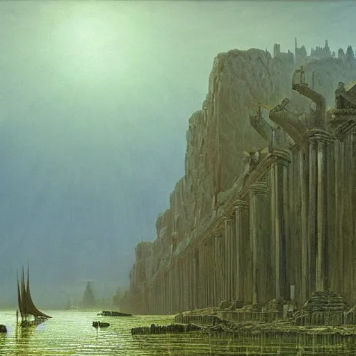 Prompt: Stunning and highly detailed painting of a submerged city by Caspar David Friedrich
