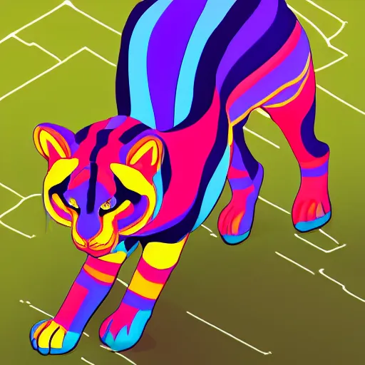 Image similar to colourful breathtakingly weird beautiful powerful magical wonderfully majestic beautifully cool isometric tiger, 8 k artstation