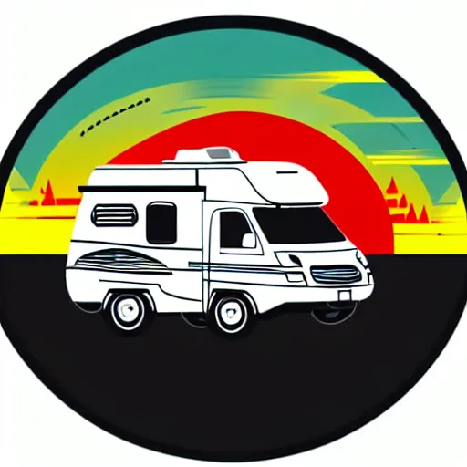 Image similar to vector art of a white and black cute thor chateau! motorhome camper!!, highway, mountains and colorful sunset!!, very very happy, warm, minimal vector art sticker!! by tom whalen, sanja stikovic