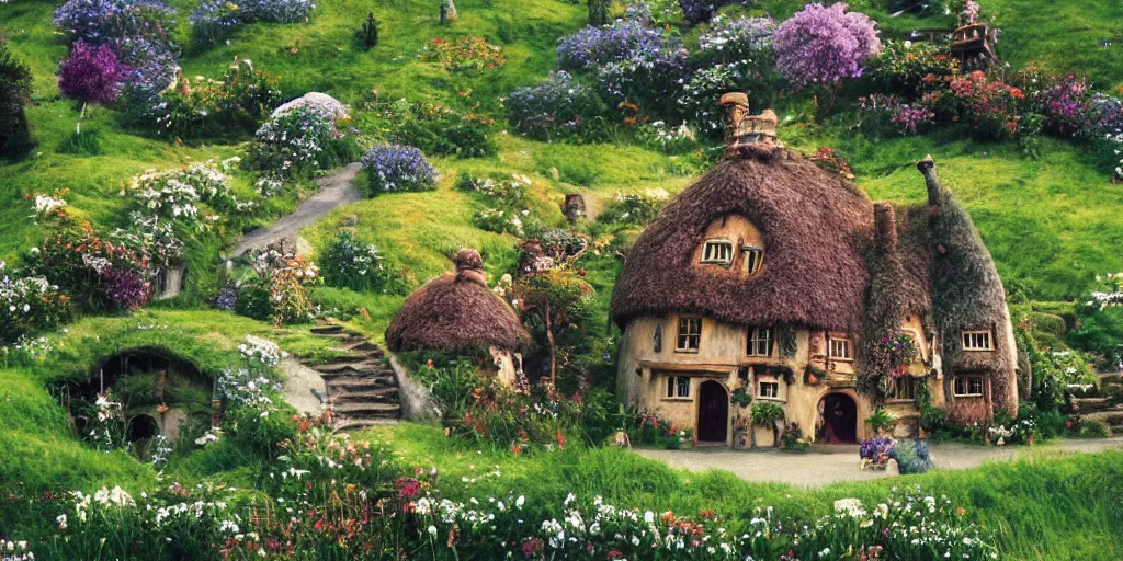 Prompt: a film still of a house from howl's moving castle!!!!! of hobbiton, light bloom, studio ghibli!!!!!