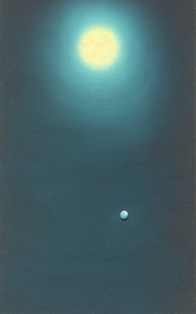 Image similar to a singular small blue dot, among the vast emptiness of the universe. minimalist painting. dean ellis