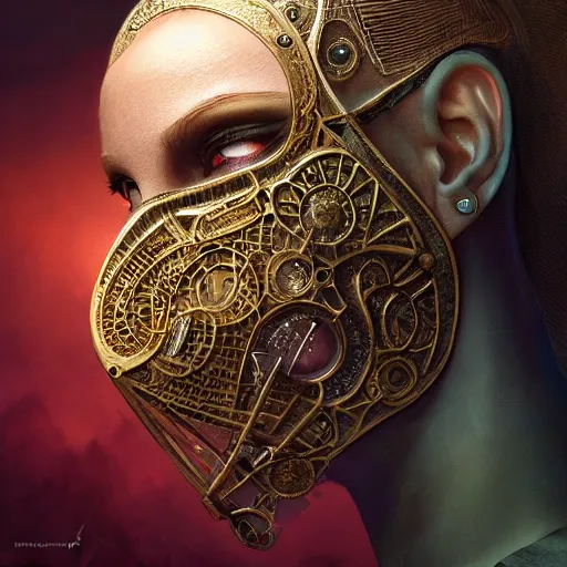 Image similar to Very very very very highly detailed epic central composition studio photography of face with venetian mask, intricate, dystopian, sci-fi, extremely detailed, digital painting, artstation, concept art, smooth, sharp focus, illustration, intimidating lighting, incredible art by Anna Dittmann and Anton Pieck and Vincent di Fate