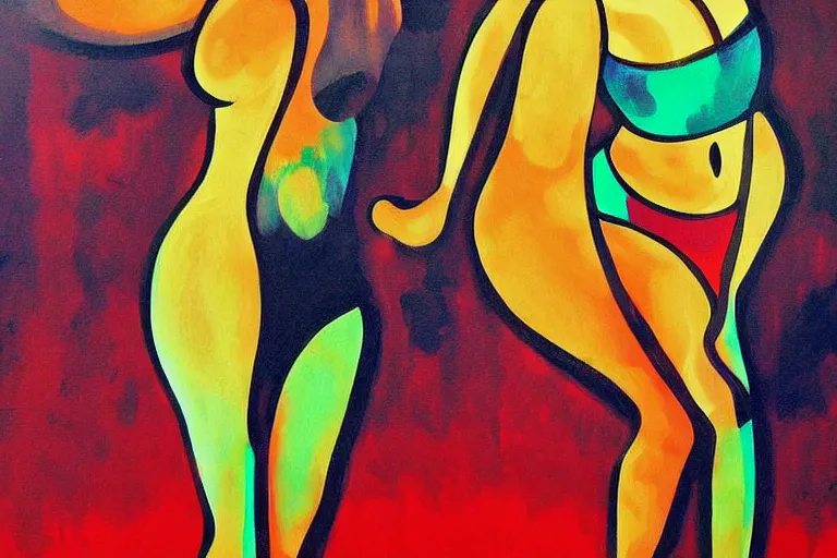 Image similar to painting of curvy sweating woman dancing in a club in the 70's by Johannes Grutzke