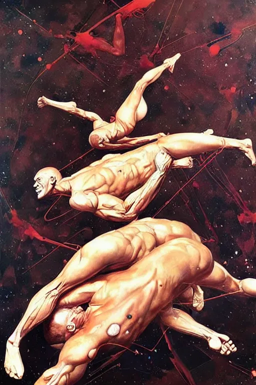 Image similar to two muscular men entwined, floating in space, zero gravity, in the style of adrian ghenie, esao andrews, jenny saville, ( ( ( edward hopper ) ) ), surrealism, dark art by james jean, takato yamamoto