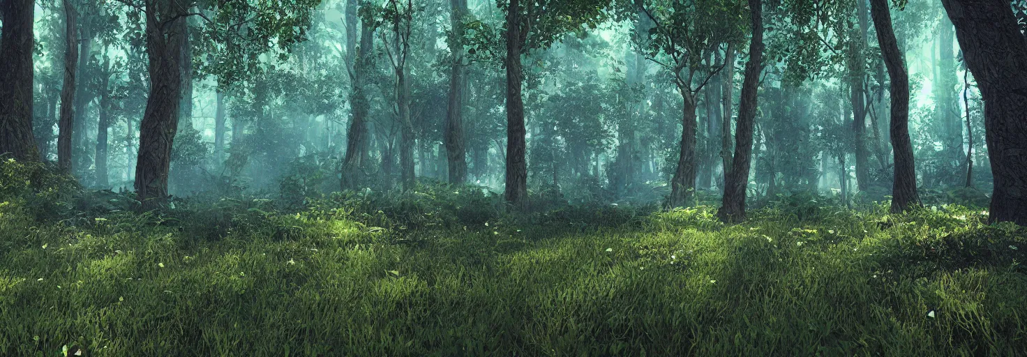 Image similar to a forest with glowing plants, wide shot, cinematic, ultra realistic, ultra detailed