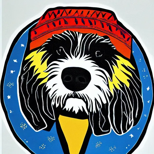 Image similar to tlingit haida lithographic, 3 / 4 portrait of havanese dog, simplified forms, multiple colors, print by tristan - wolf reg davidson clifton guthrie maynard johnny jr.