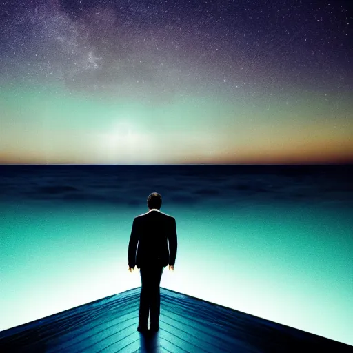 Image similar to michael jackson standing on a raised translucent platform in the middle of the sea, night time with milky way in the sky. cinematic, 3 5 mm film, sharpness, nostalgic and melancholic 4 k, 8 k