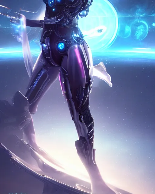 Image similar to perfect android girl on a mothership, warframe armor, beautiful face, scifi, futuristic, galaxy, nebula, raytracing, dreamy, long white hair, blue cyborg eyes, sharp focus, cinematic lighting, highly detailed, artstation, divine, by gauthier leblanc, kazuya takahashi, huifeng huang