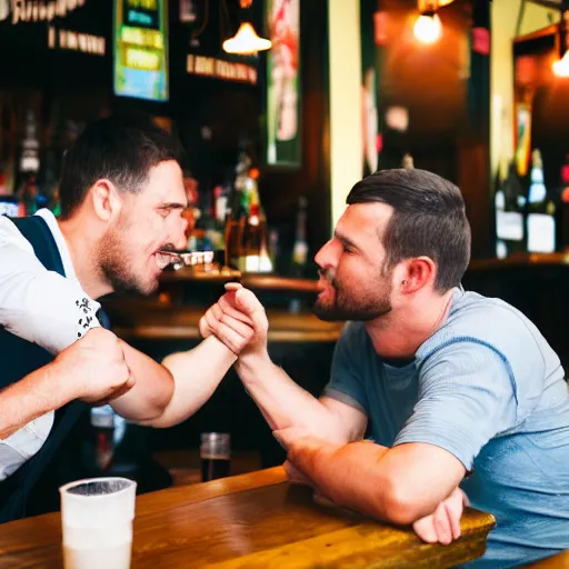 Image similar to 90mm color photo of a man elbowing another man at the local pub