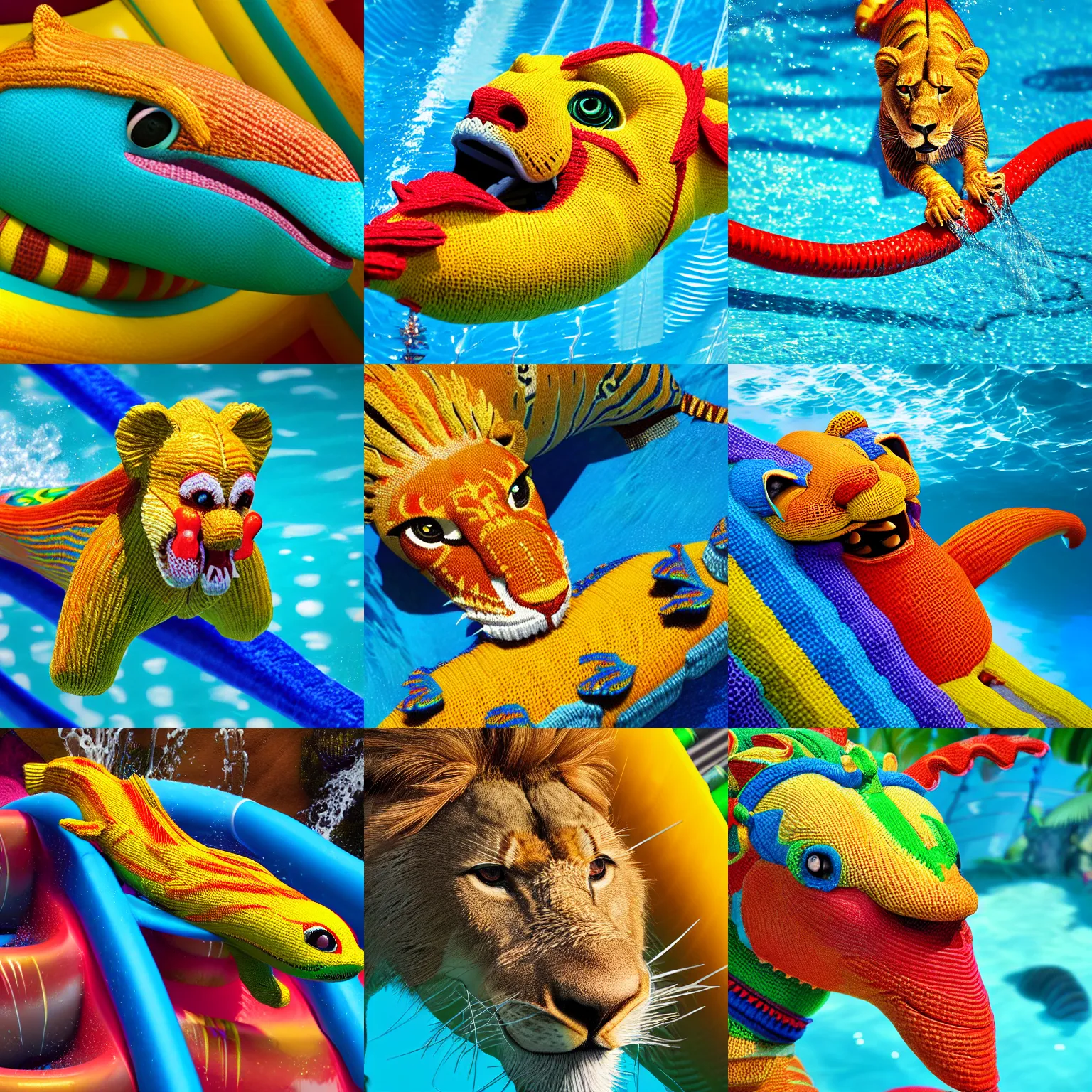 Prompt: a closeup photorealistic photograph of a colorful knitted barracuda themed lion swimming down a water slide. intricate stitching. professional capture. bright scene. this 4 k hd image is trending on artstation, featured on behance, well - rendered, extra crisp, features intricate detail, epic composition and the style of unreal engine.