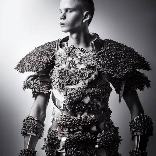 Image similar to a portrait of a beautiful young male wearing an alexander mcqueen armor made of ashes , photographed by andrew thomas huang, artistic