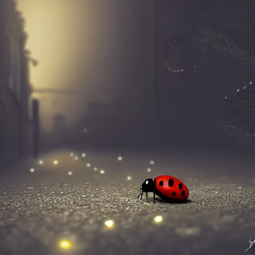 Image similar to a ladybug crawling on a sidewalk, it is night and raining, bushes in the background, moody lighting, peaceful atmosphere, digital art, highly detailed, high contrast, beautiful lighting, award winning, trending on art station, 8 k,