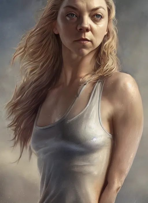 Image similar to full length photo of a very sweaty Natalie Dormer in a wet tanktop in the style of stefan kostic, full extremely slim body, not realistic, sharp focus, 8k high definition, insanely detailed, intricate, elegant, art by stanley lau and artgerm