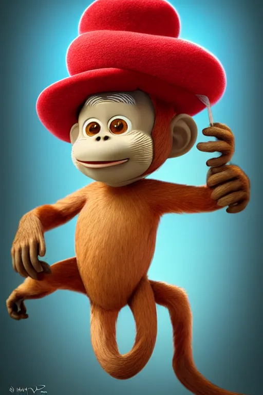 Prompt: Monkey with hat, isometric 3d, ultra hd, character design by Mark Ryden and Pixar and Hayao Miyazaki, unreal 5, DAZ, hyperrealistic, octane render, cosplay, RPG portrait, dynamic lighting, intricate detail, summer vibrancy, cinematic