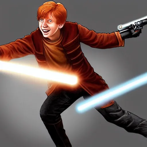 Prompt: epic digital matte paining of Ron Weasley firing a lightsaber out of a cannon, extremely detailed, artstation
