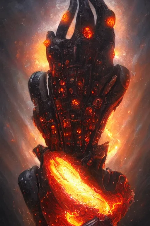 Image similar to mechanical power glove imbued with the power of fire, biomechanical, magical artifact, legendary, digital illustration, professional art by Seb McKinnon, cgsociety, fantasy, magic