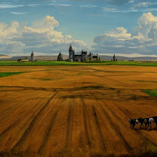 Image similar to painting of a vast field in a large medieval kingdom, dirt paths in various directions and a cattle ranch and a large castle visible in the distance, trending on artstation