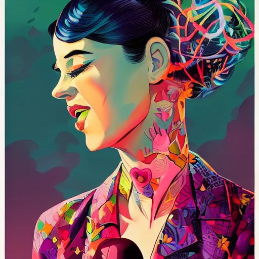 Image similar to a colorful comic noir illustration of a woman singing about a broken heart, beautiful, hyperrealistic, tristan eaton, victo ngai, artgerm, rhads, ross draws, 8 k, high contrast, dark vibes, pastel lighting, depth of field