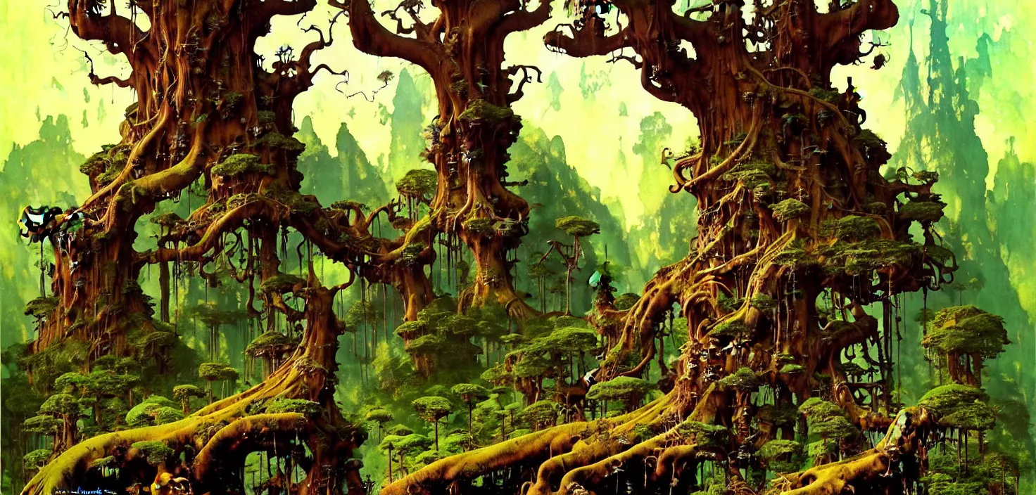 Image similar to exquisite imaginative fantasy landscape lush forests, gnarly trees, with steampunk castles movie poster by : : norman rockwell, sargent, james gurney weta studio, trending on artstation james jean frank frazetta