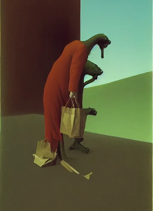 Prompt: ape in paper bag over the head and a sward Edward Hopper and James Gilleard, Zdzislaw Beksinski, highly detailed