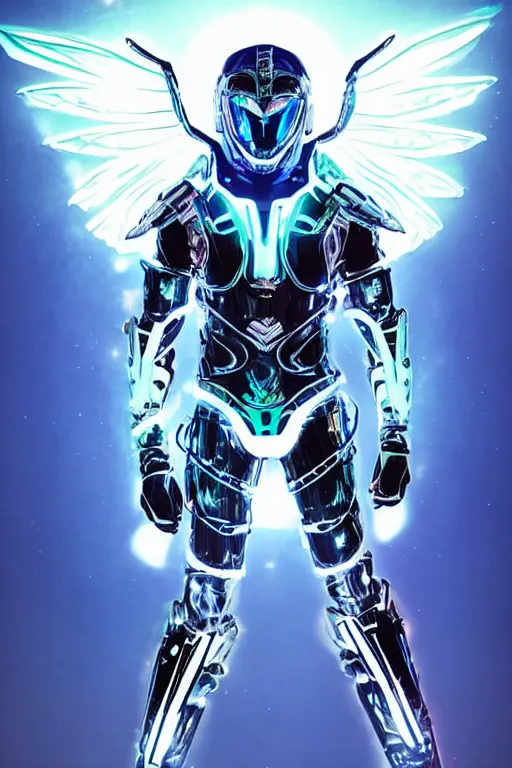 Prompt: full body celestial confident man in futuristic armor, blue glowing double Hummingbird wings, floating in air, beautiful lighting, comic book style